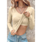 Donna Beige Slim Fit V Neck Long Sleeve Bra Buil-in Top