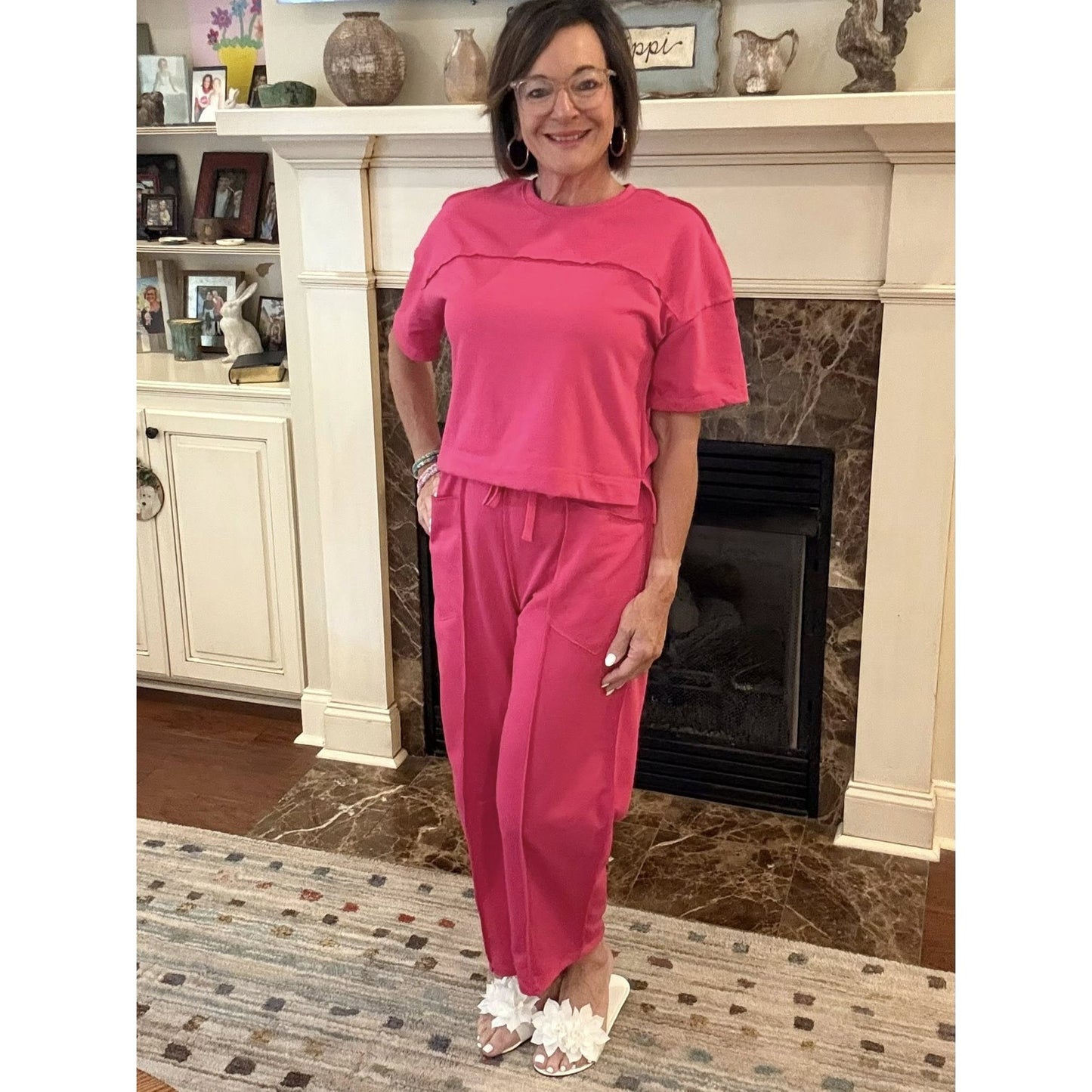 Dorcas Pink Drop Shoulder Boxy Tee and Barrel Pants Set
