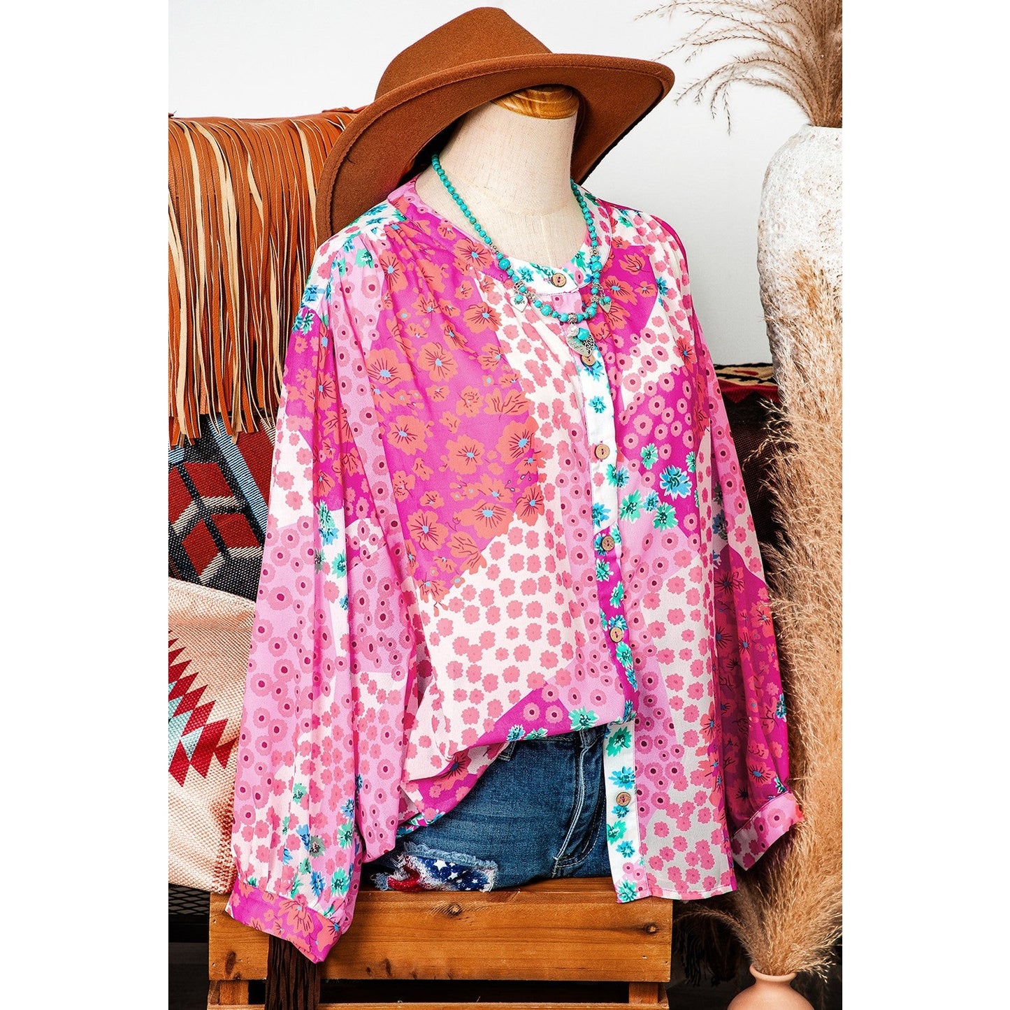 Dorinda Floral Allover Print Buttoned V Neck Oversized Shirt