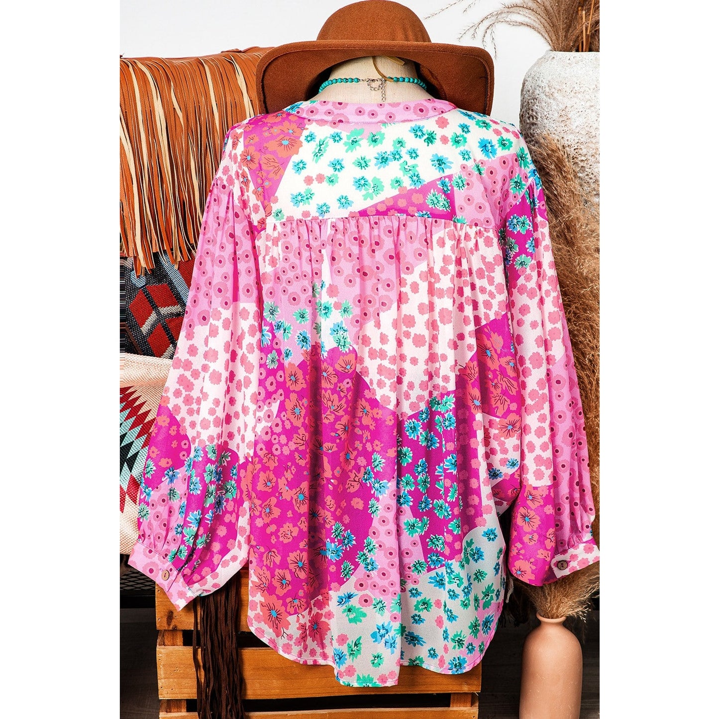 Dorinda Floral Allover Print Buttoned V Neck Oversized Shirt