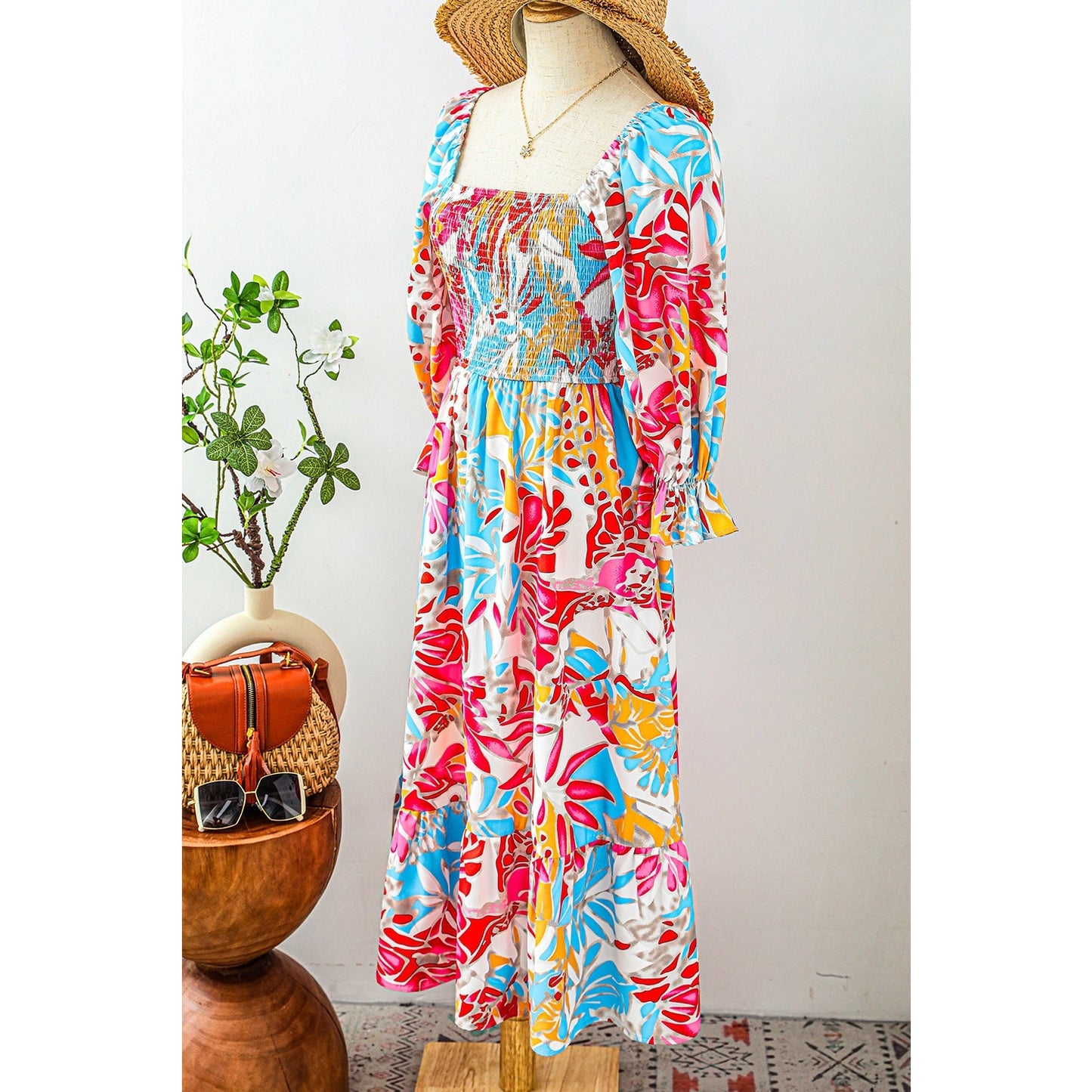 Dorothy Tropical Print Smocked Bodice Puff Sleeve Maxi Dress