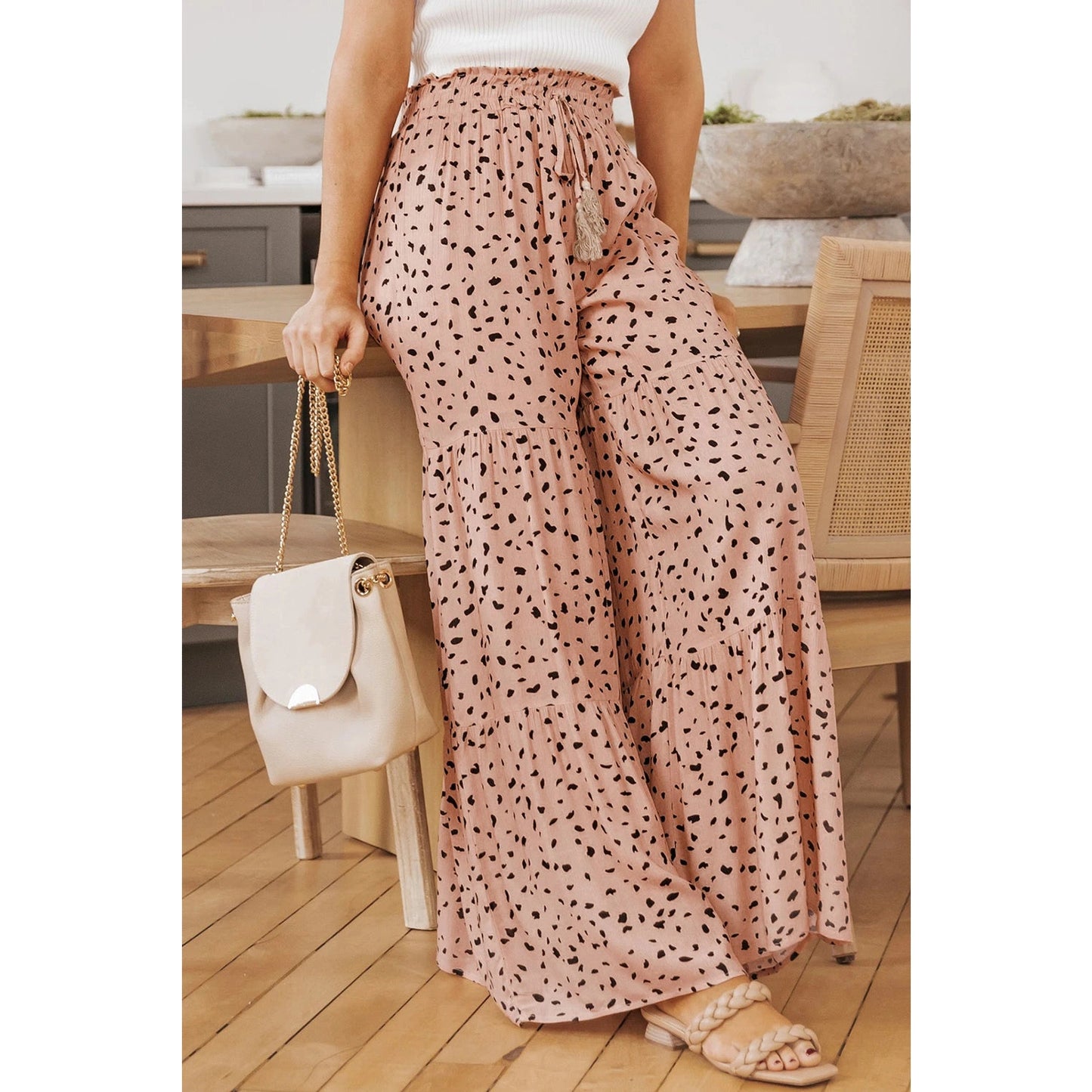 Dorthea Brown Ruffle Wide Leg Dalmatian Palazzo Pants