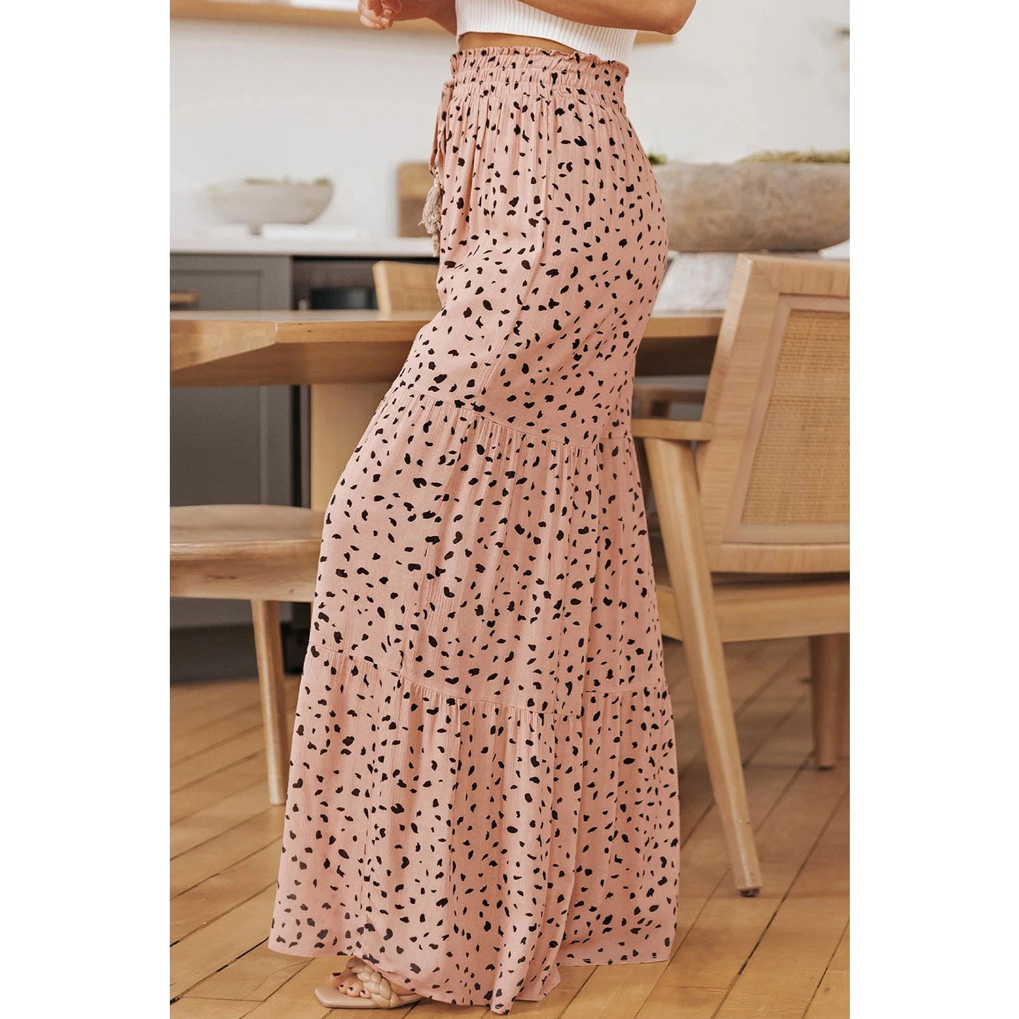 Dorthea Brown Ruffle Wide Leg Dalmatian Palazzo Pants