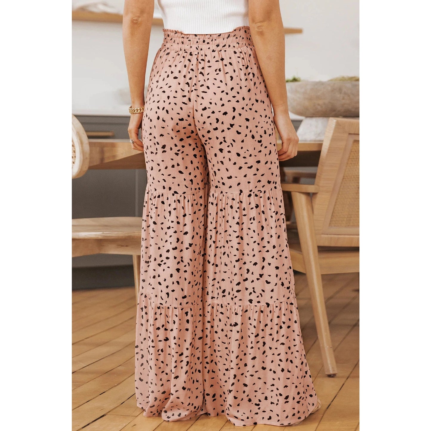 Dorthea Brown Ruffle Wide Leg Dalmatian Palazzo Pants