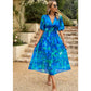 Carmen Blue V‑Neck Floral Midi with Cinched Waist