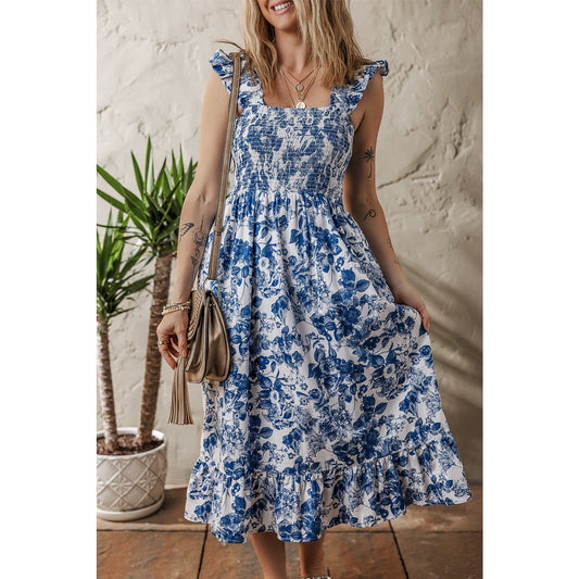RTS Blue Floral Ruffle Strap Square Neck Smocked Bodice Midi Dress