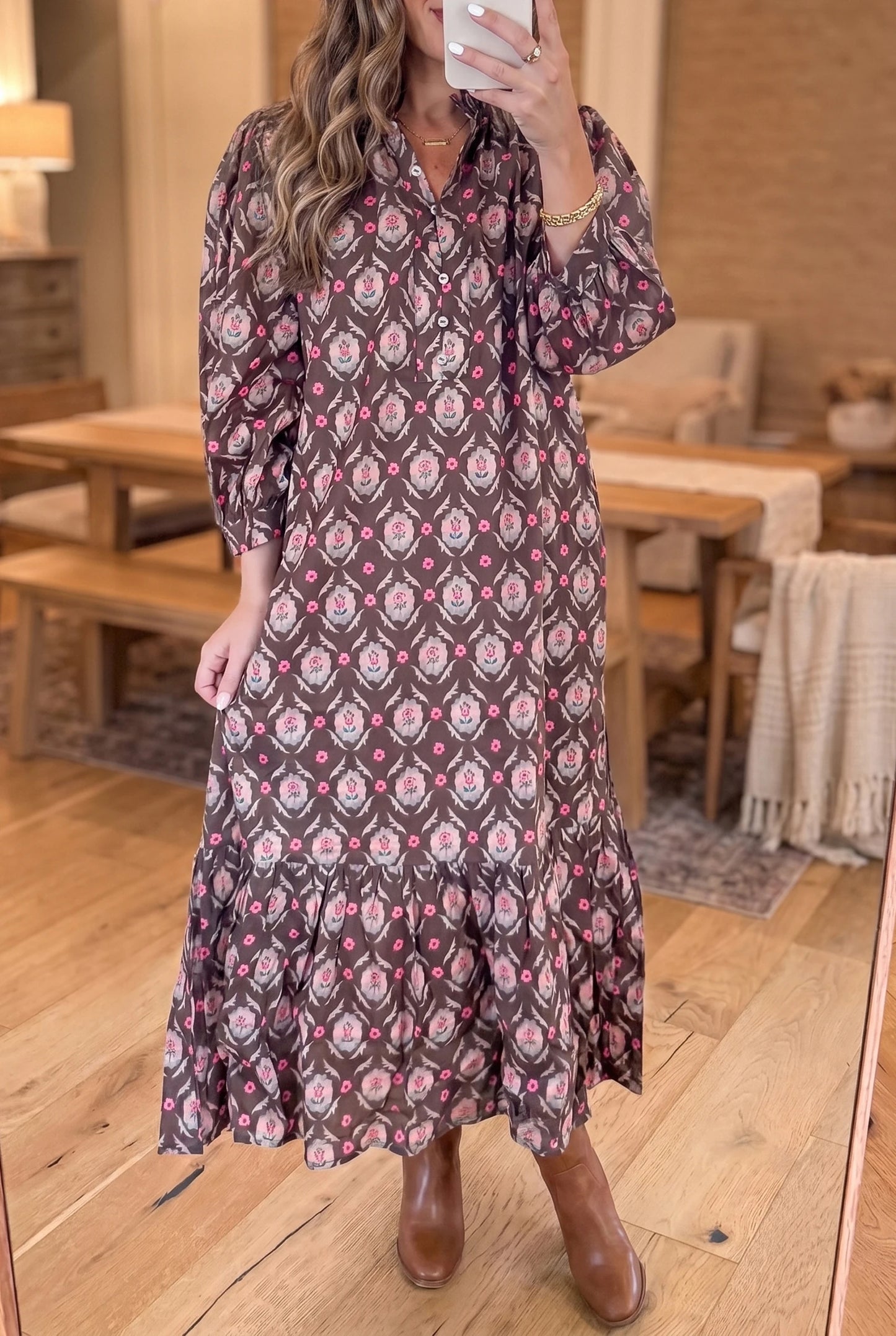 RTS Brown Floral Print Button Front Ruffle Hem Midi Dress