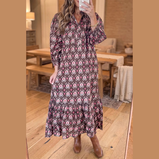 RTS Brown Floral Print Button Front Ruffle Hem Midi Dress