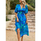 Carmen Blue V‑Neck Floral Midi with Cinched Waist