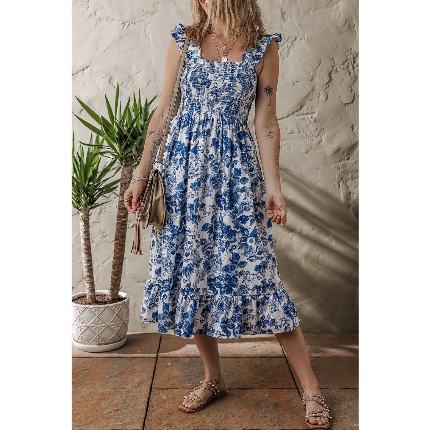 RTS Blue Floral Ruffle Strap Square Neck Smocked Bodice Midi Dress