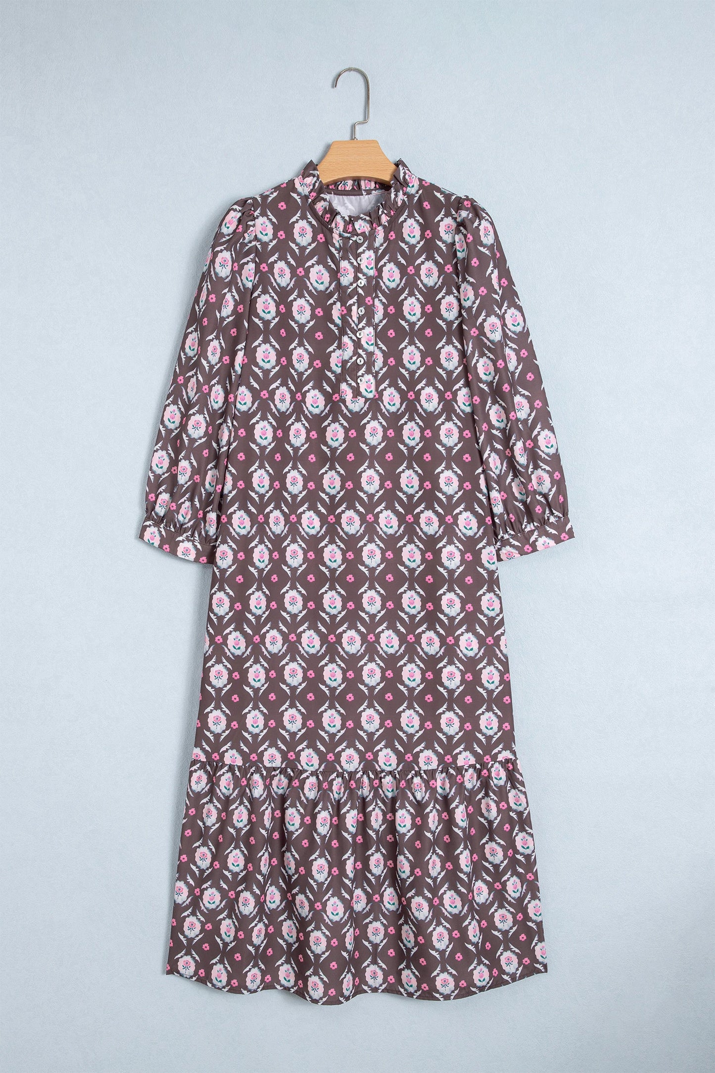 RTS Brown Floral Print Button Front Ruffle Hem Midi Dress
