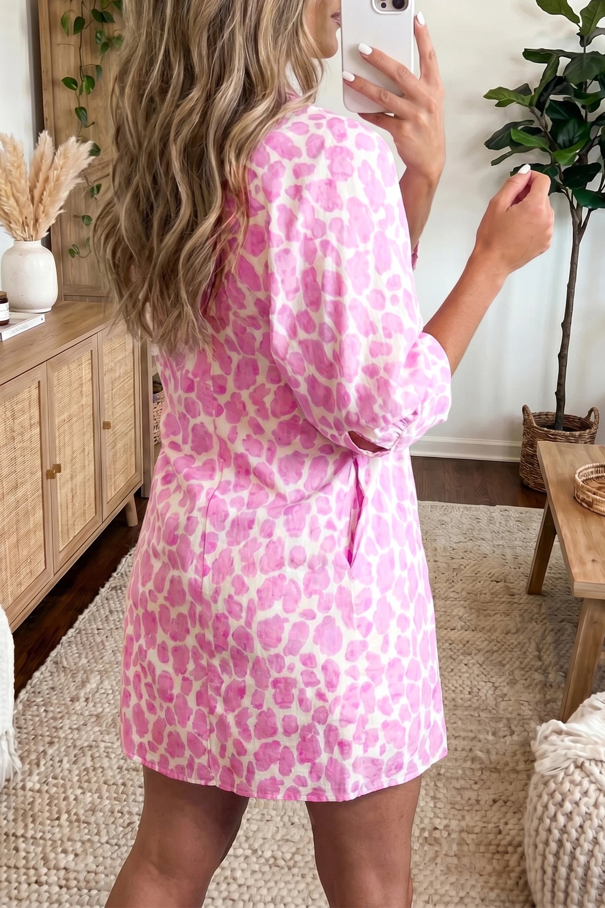 Karrie Pink Abstract Leopard Print Tie Waist Puff Sleeve Mini Shirt Dress