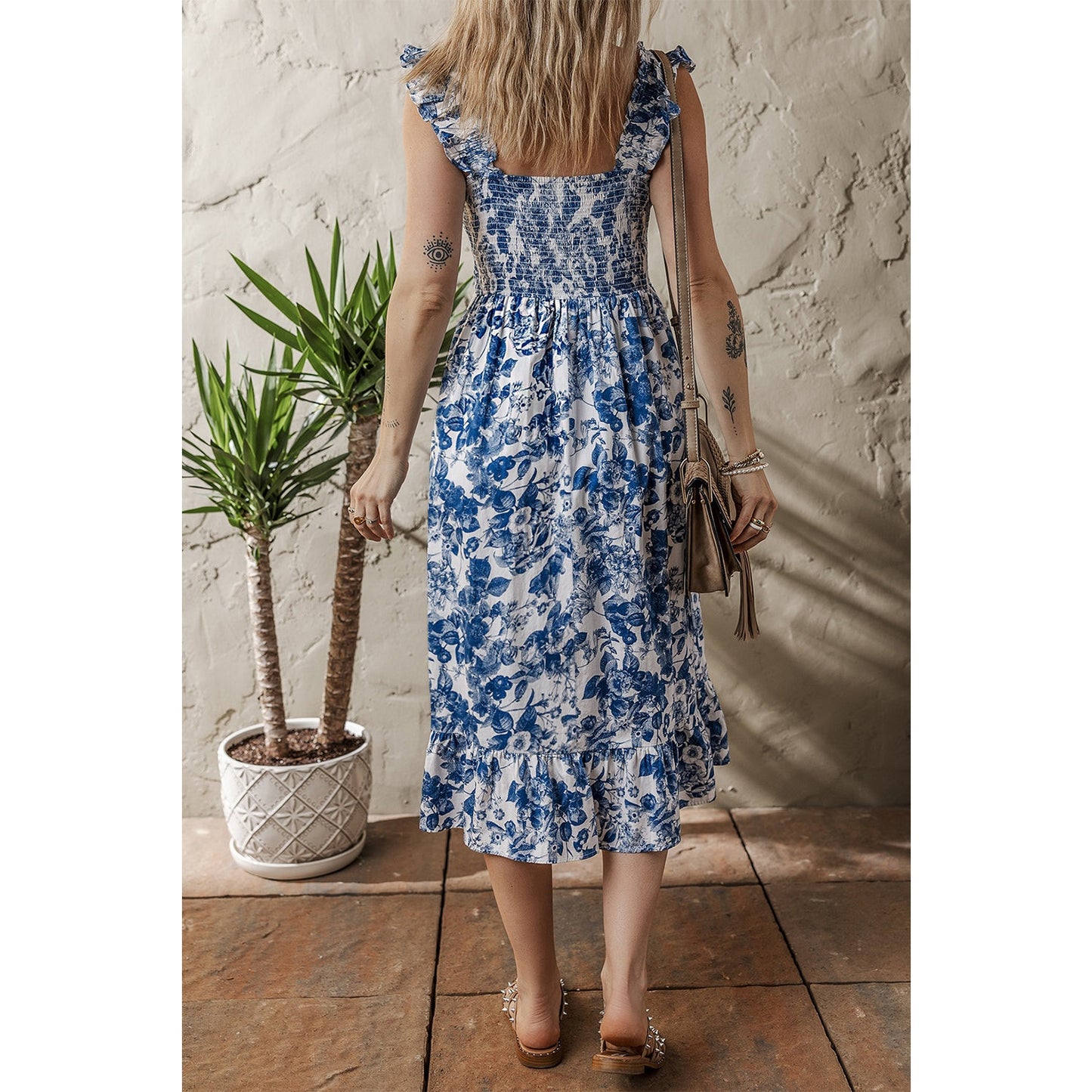 RTS Blue Floral Ruffle Strap Square Neck Smocked Bodice Midi Dress