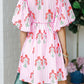 RTS Pink Floral Striped Print Tie Notched Neck Puff Sleeve Flared Mini Dress