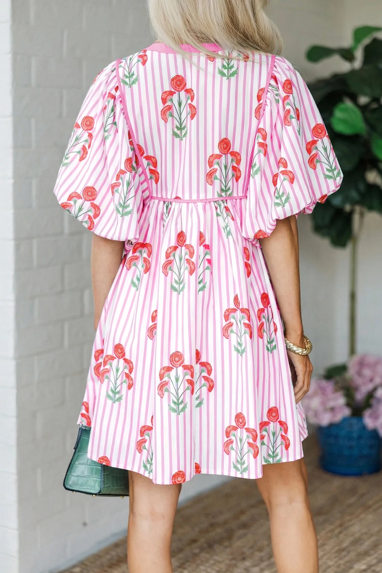 RTS Pink Floral Striped Print Tie Notched Neck Puff Sleeve Flared Mini Dress
