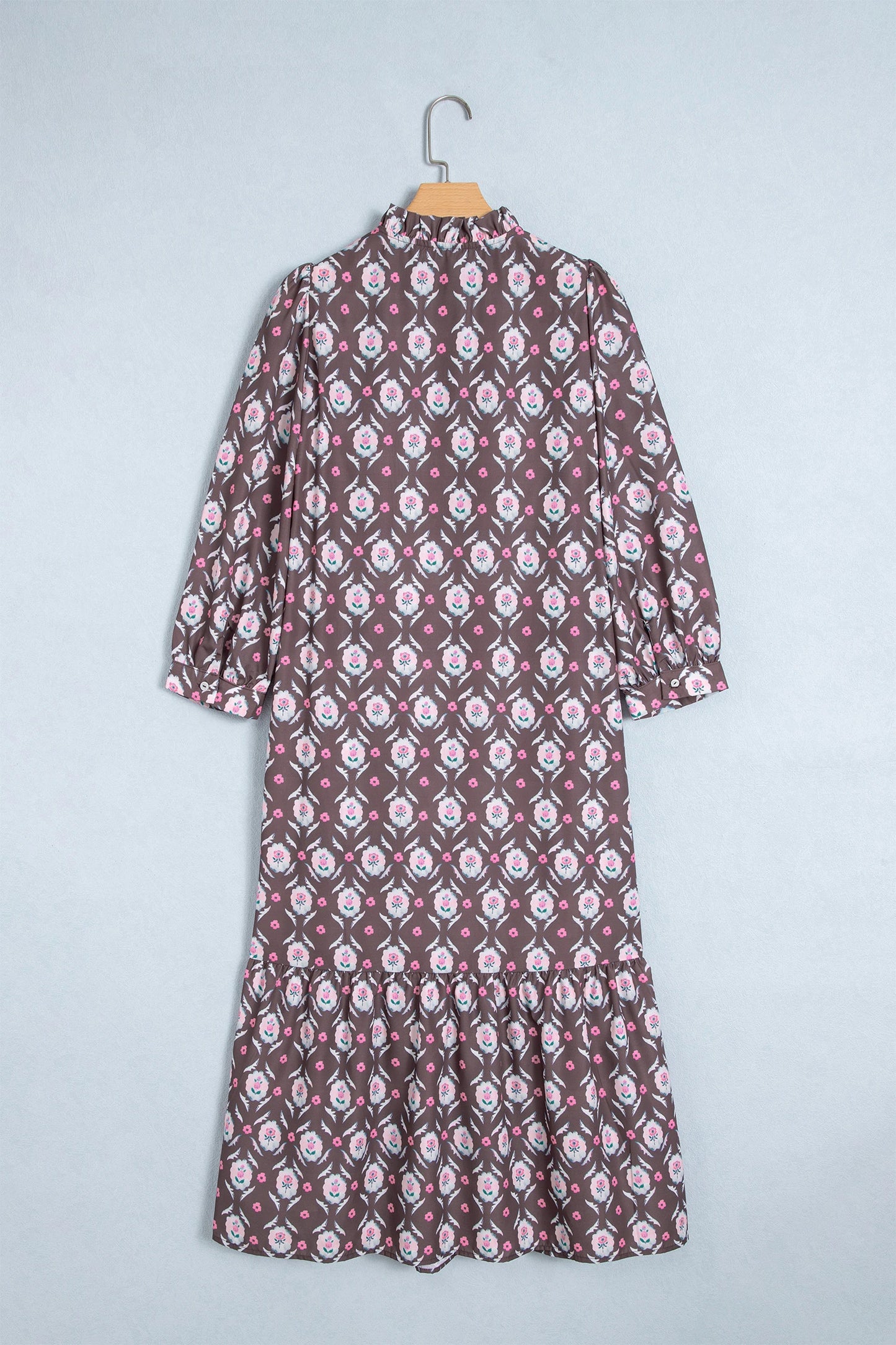 RTS Brown Floral Print Button Front Ruffle Hem Midi Dress