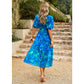Carmen Blue V‑Neck Floral Midi with Cinched Waist