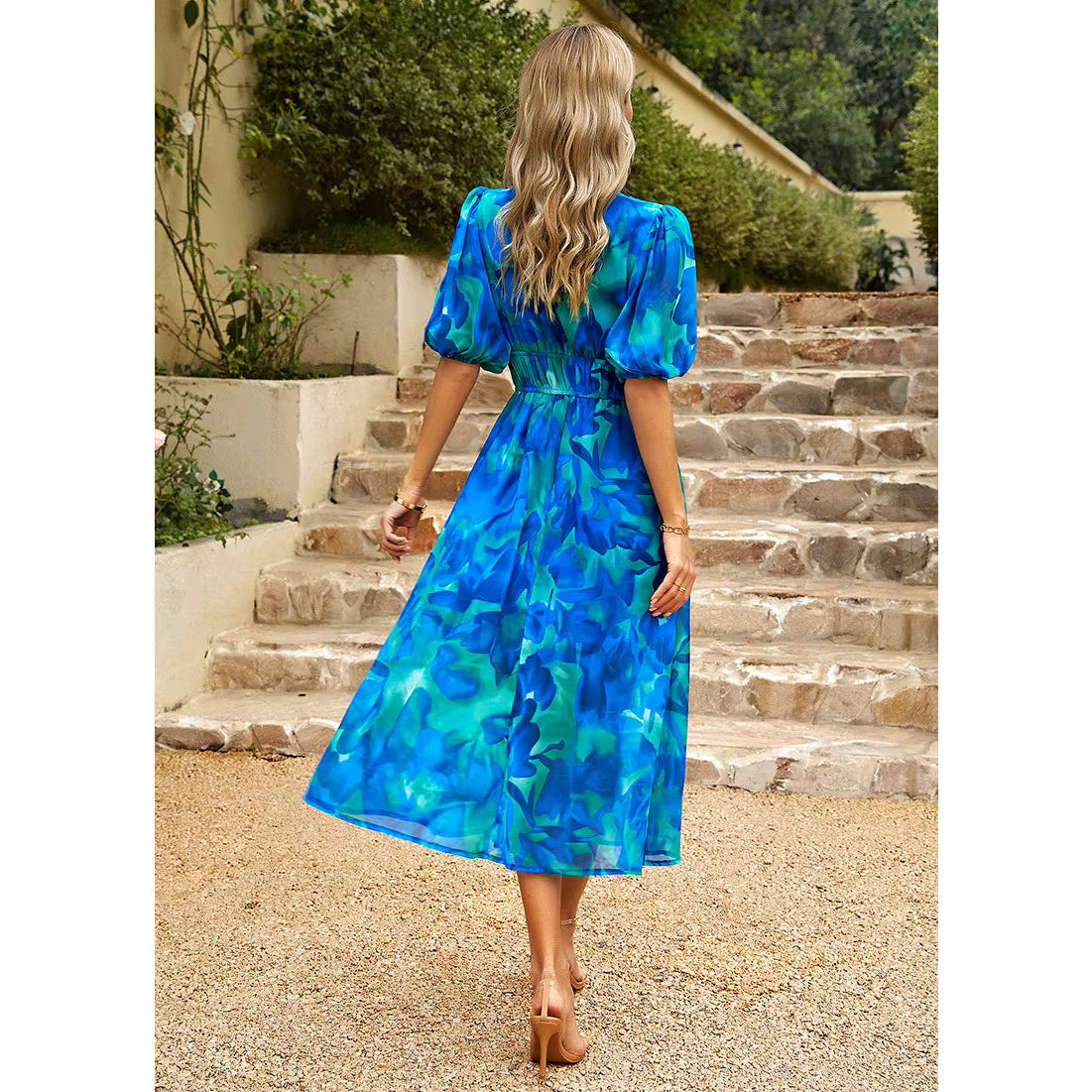 Carmen Blue V‑Neck Floral Midi with Cinched Waist