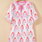 RTS Pink Floral Striped Print Tie Notched Neck Puff Sleeve Flared Mini Dress