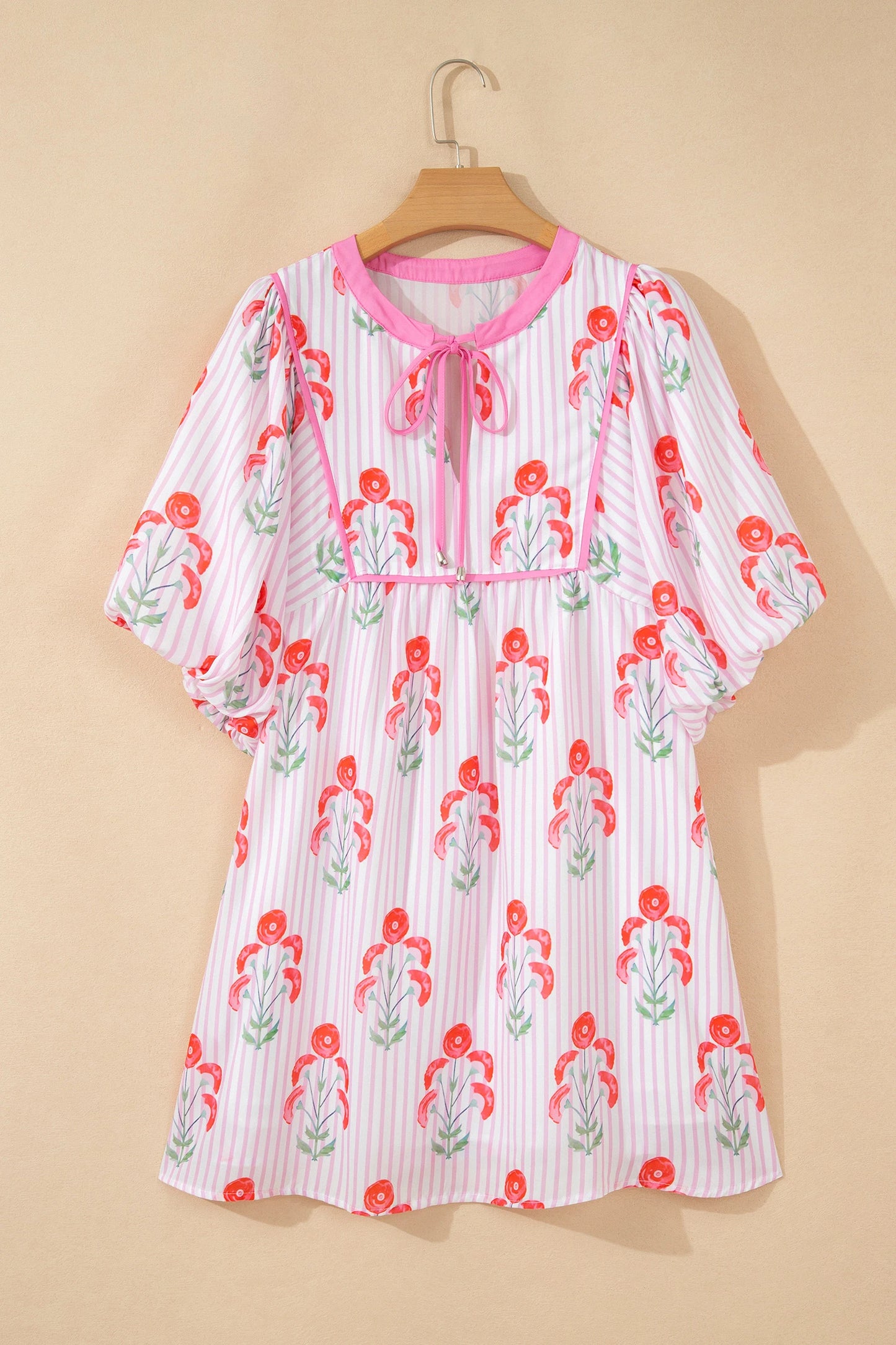 RTS Pink Floral Striped Print Tie Notched Neck Puff Sleeve Flared Mini Dress