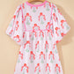 RTS Pink Floral Striped Print Tie Notched Neck Puff Sleeve Flared Mini Dress