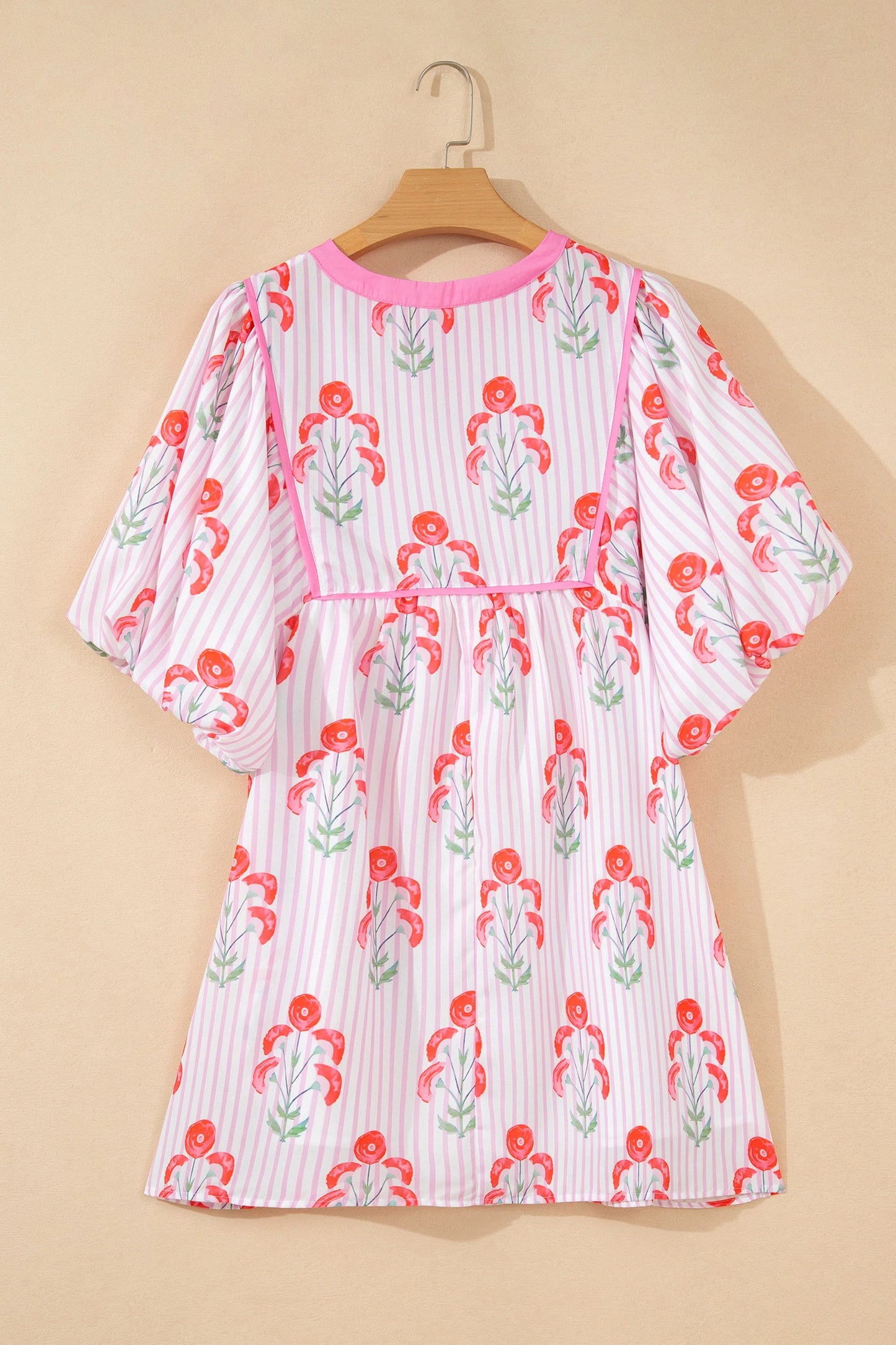 RTS Pink Floral Striped Print Tie Notched Neck Puff Sleeve Flared Mini Dress