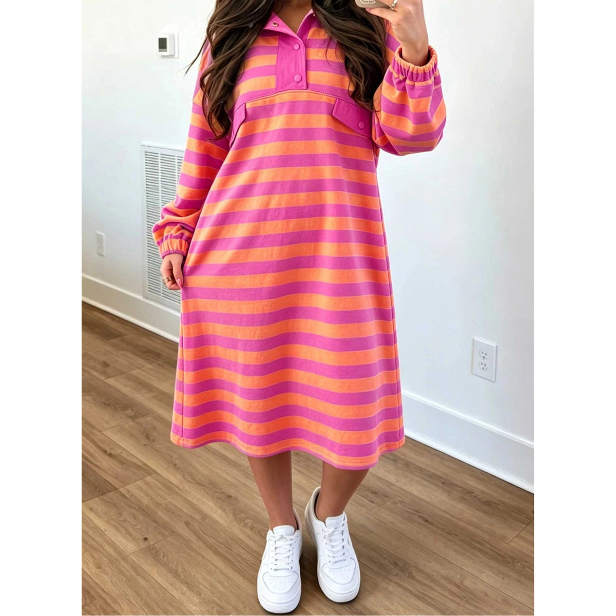 RTS Stripe Long Sleeve Polo Neck Midi Dress