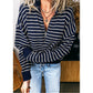Drew Blue Stripe Textured Knit Half Zip Collared Long Sleeve Top