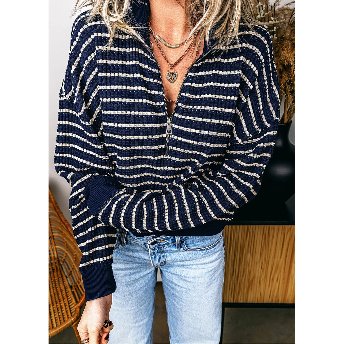 Drew Blue Stripe Textured Knit Half Zip Collared Long Sleeve Top