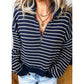 Drew Blue Stripe Textured Knit Half Zip Collared Long Sleeve Top