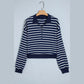 Drew Blue Stripe Textured Knit Half Zip Collared Long Sleeve Top
