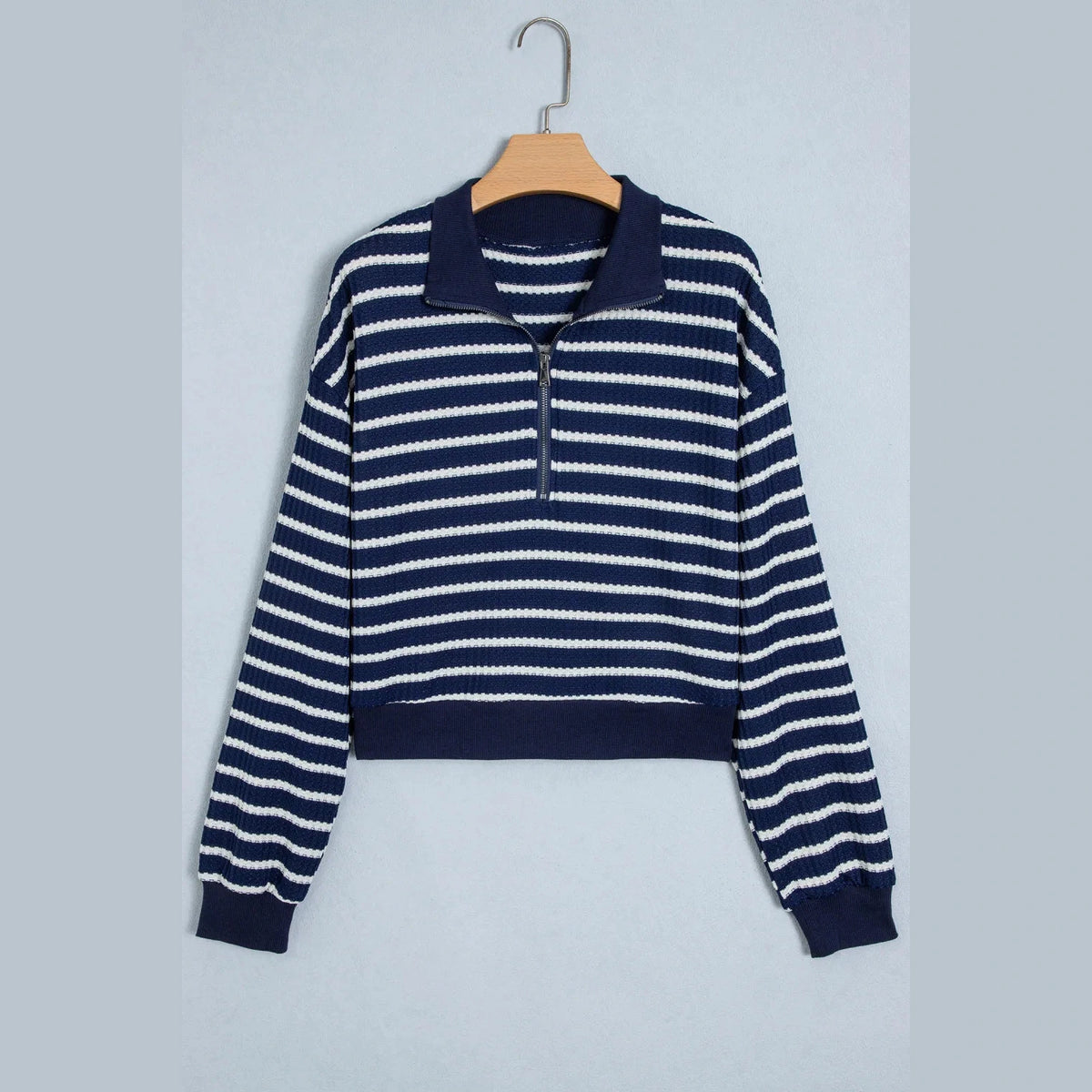 Drew Blue Stripe Textured Knit Half Zip Collared Long Sleeve Top