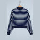 Drew Blue Stripe Textured Knit Half Zip Collared Long Sleeve Top