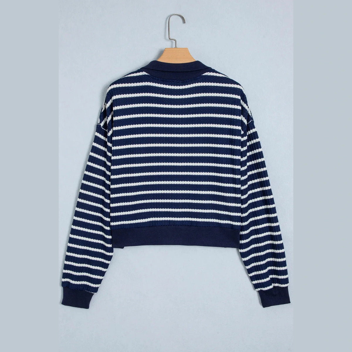 Drew Blue Stripe Textured Knit Half Zip Collared Long Sleeve Top