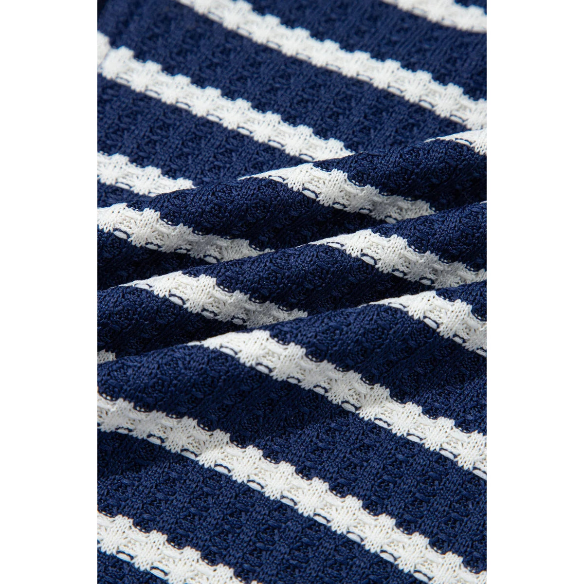 Drew Blue Stripe Textured Knit Half Zip Collared Long Sleeve Top