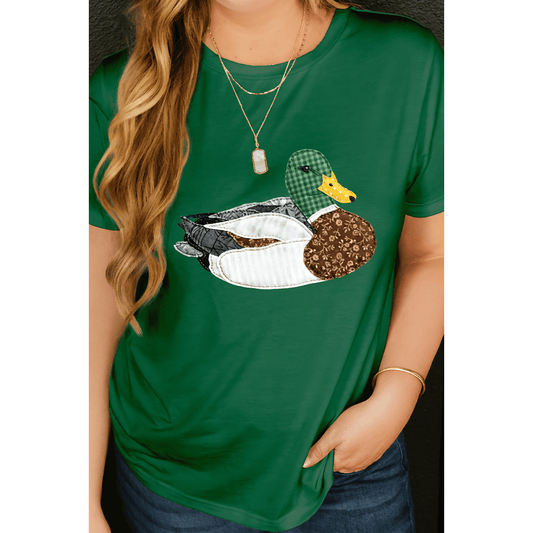Dark Green Faux Patchwork Mallard Duck Plus Size Graphic Tee