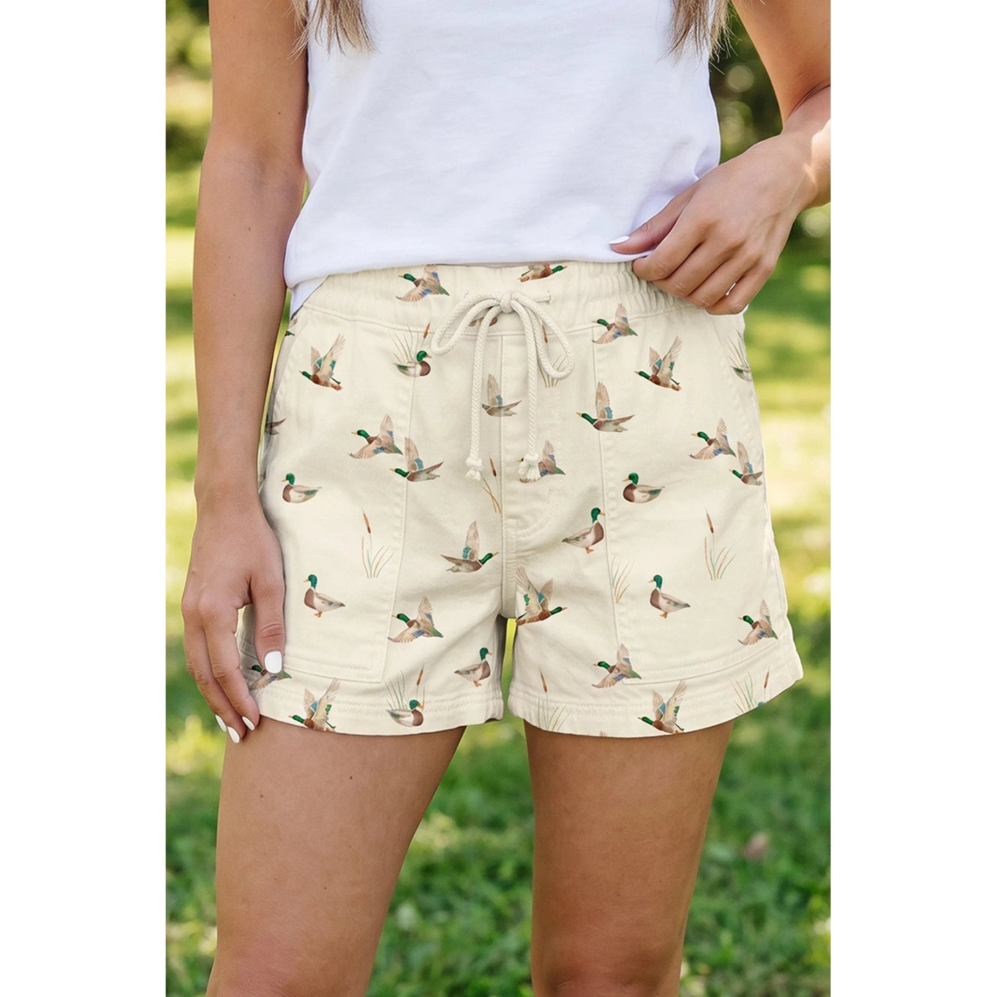 Wild Duck Mallard Printed Drawstring Denim Shorts