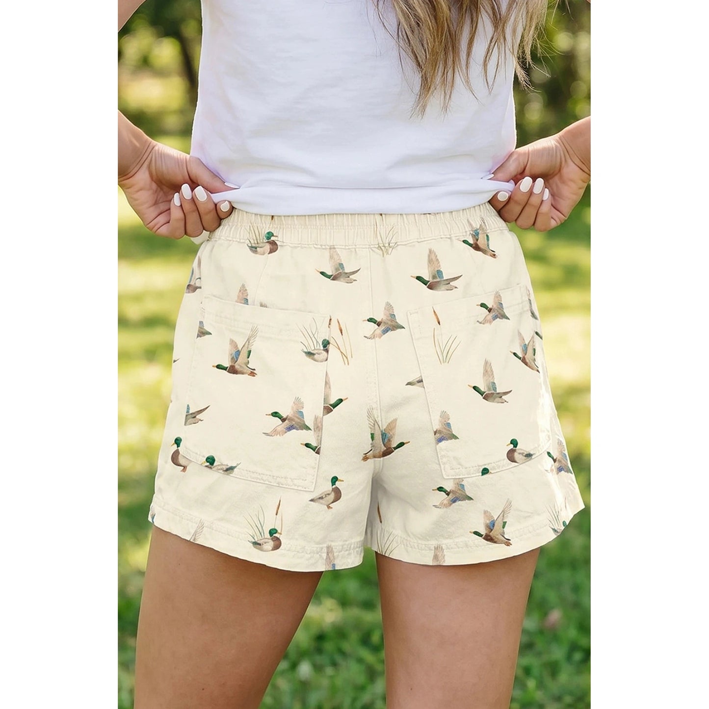Wild Duck Mallard Printed Drawstring Denim Shorts