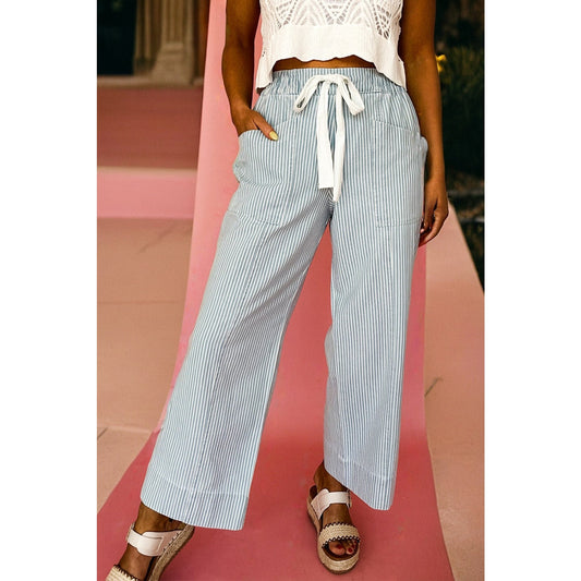 Dulcie Sky Blue Stripe Mid Rise Drawstring Waist Jeans