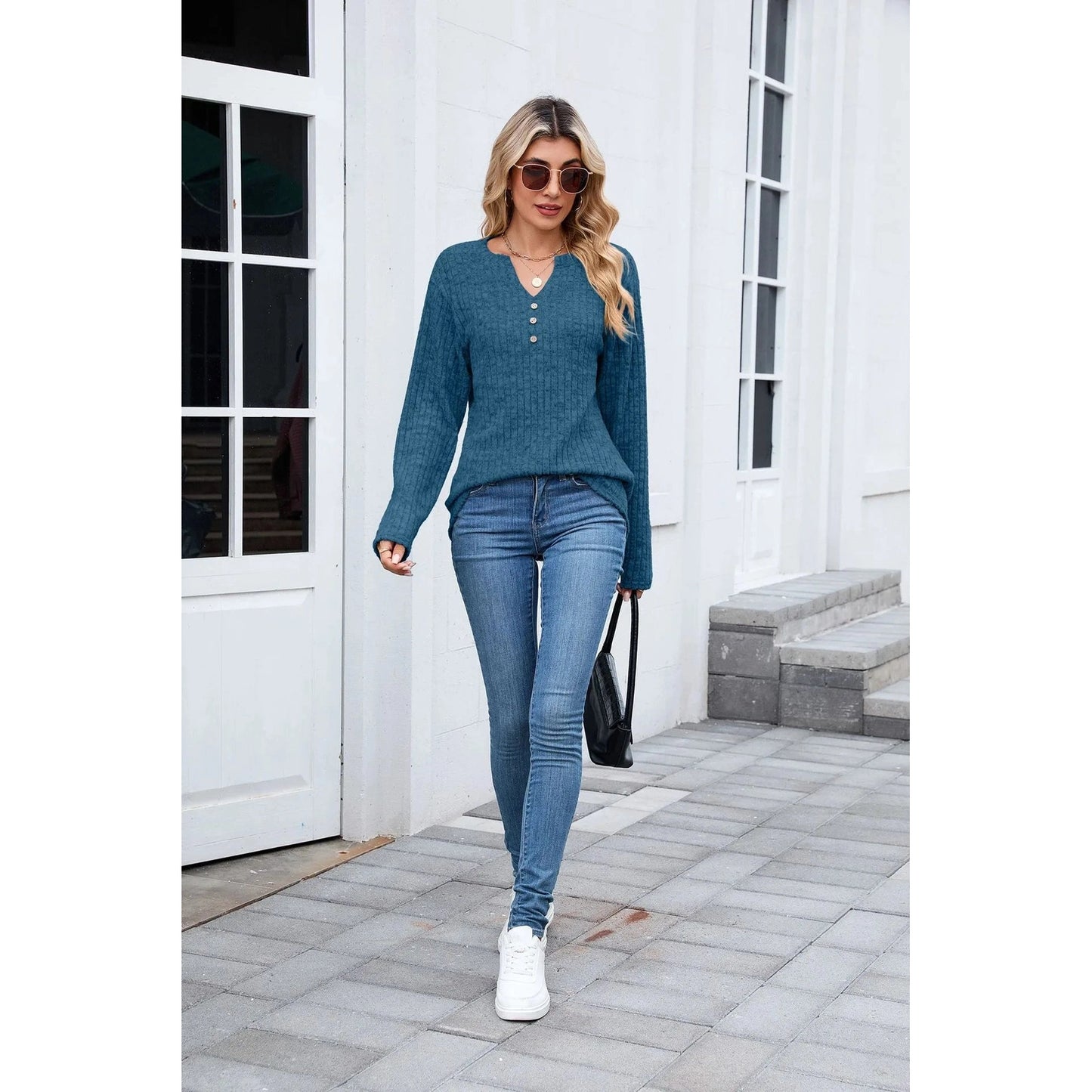 Dusti Peacock Blue V Neck Ribbed Top