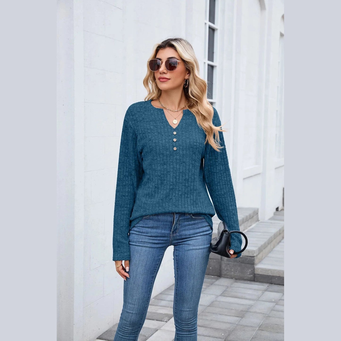 Dusti Peacock Blue V Neck Ribbed Top