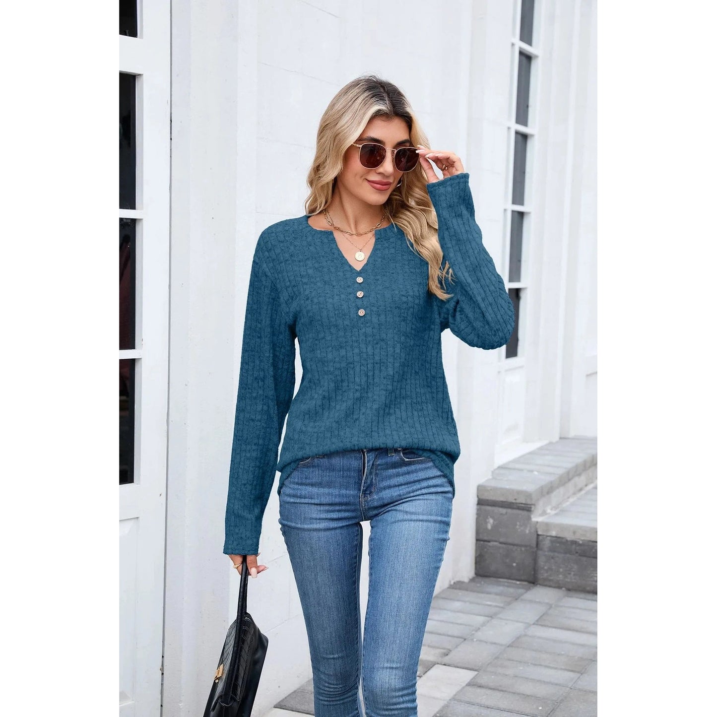 Dusti Peacock Blue V Neck Ribbed Top