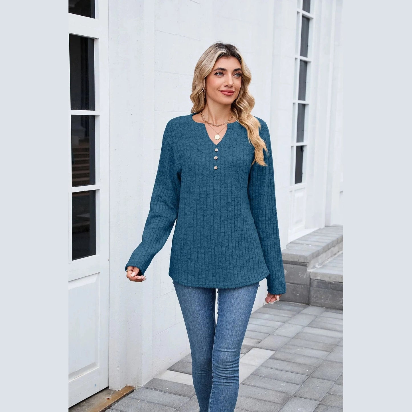 Dusti Peacock Blue V Neck Ribbed Top