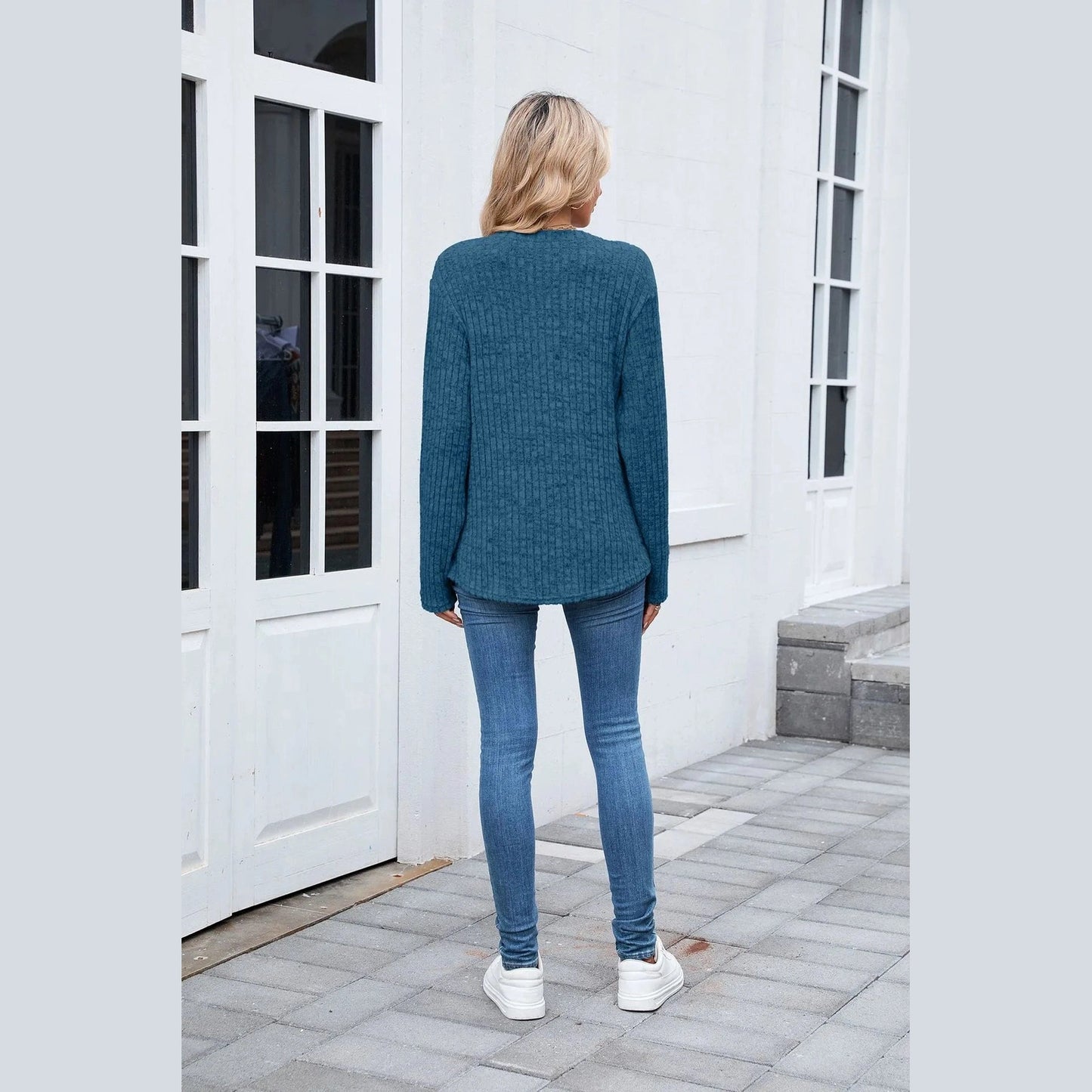 Dusti Peacock Blue V Neck Ribbed Top