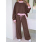 Dyan Coffee Color Block Trim Long Sleeve Pullover Drawstring Shift Pants Set