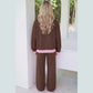 Dyan Coffee Color Block Trim Long Sleeve Pullover Drawstring Shift Pants Set