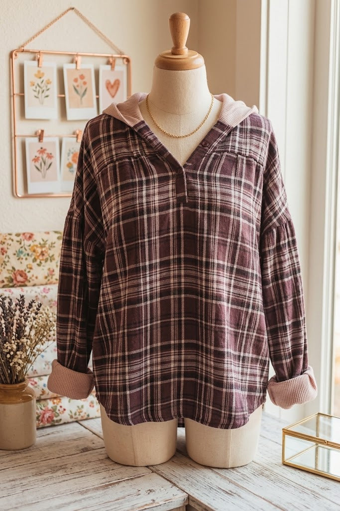 Rayn Brown Plaid Patchwork Long Sleeve Button Hooded Shirt