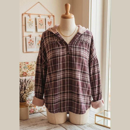 Rayn Brown Plaid Patchwork Long Sleeve Button Hooded Shirt