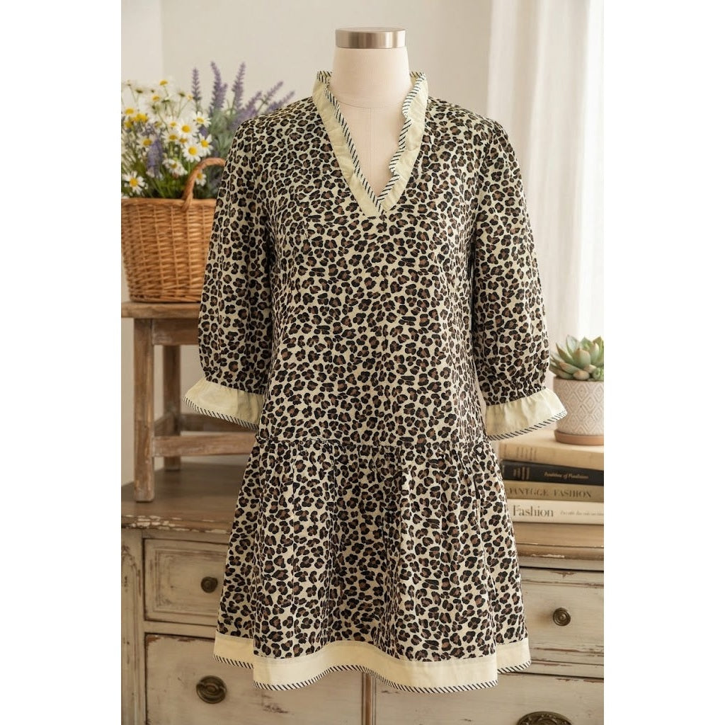 SALE!!!  Fae Leopard Print Striped Color Block Trim V Neck Bracelet Sleeve Mini Dress