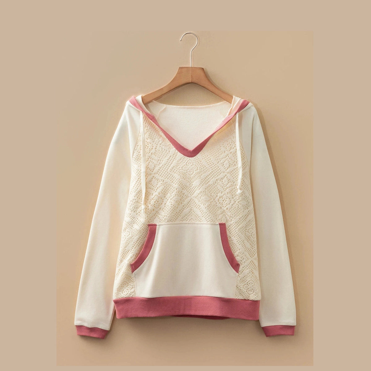 SALE!   Elody Contrast Trim Crochet Knit Patchwork Exposed Seam Hoodie